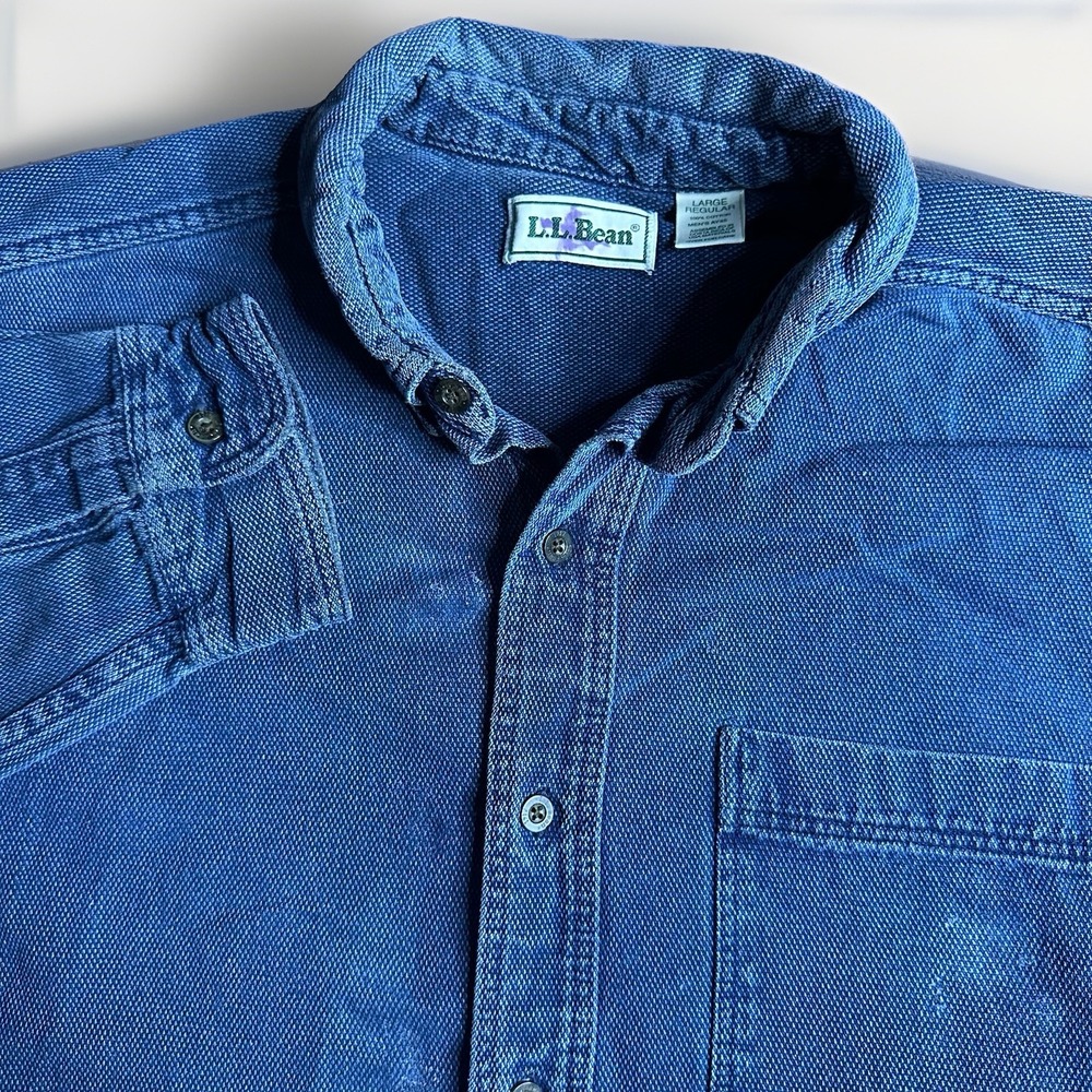 Vintage 80s LL Bean Sashiko Indigo Denim Textured Shirt Mens Large Blue Flannel